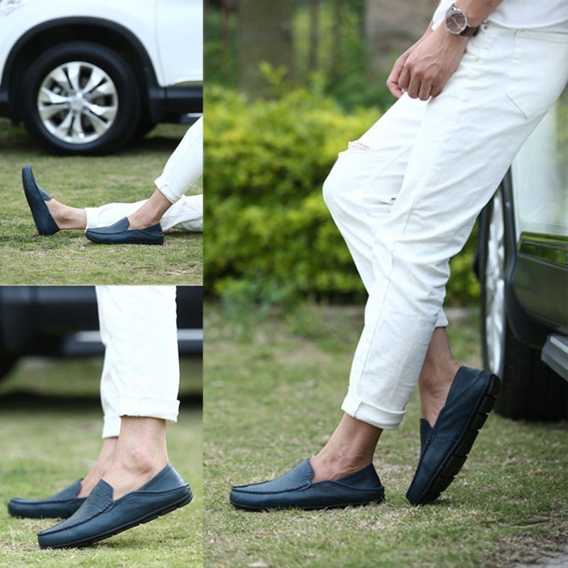 Go Tour Men's Premium Genuine Leather Casual Slip On Loafers Breathable Driving Shoes Fashion Slipper Blue 10.5/46 - Image 2